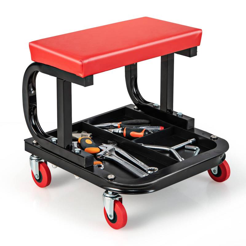GYMAX Montagehocker, Werkstatthocker bis 150kg belastbar, rollender Werkstattsitz mit gepolstertem Sitz, 4 Universalrollen & Ablagefläche, Arbeitshocker, Rollbrett für die Werkstatt von GYMAX