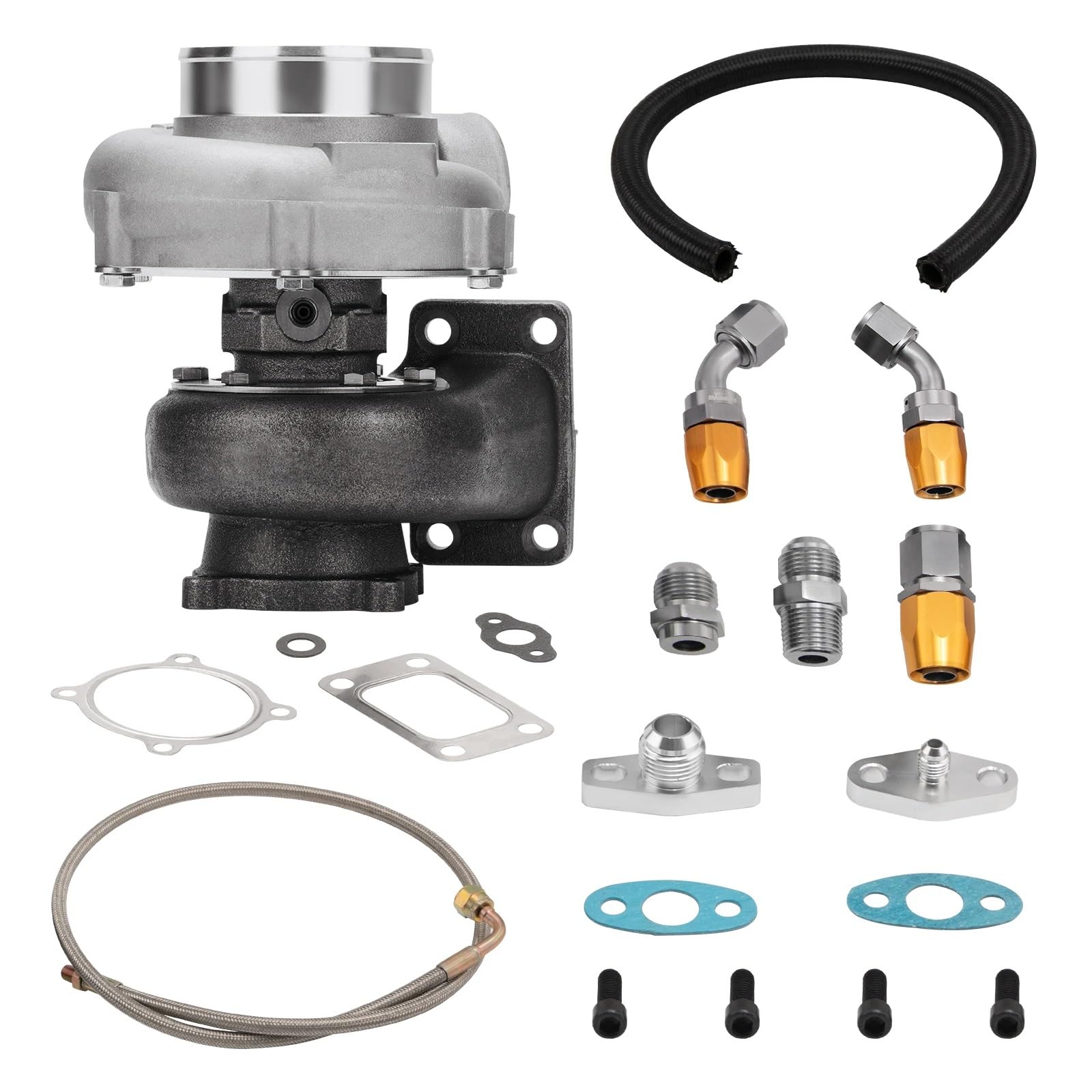 Motor-Turbolader Kompatibel Mit GT35 GT3582 Billet Universal-Turbolader T3 4 Schrauben .7 / .63 A/RW/Ölleitungen Turbolader Abgasturbolader von GYTTAK
