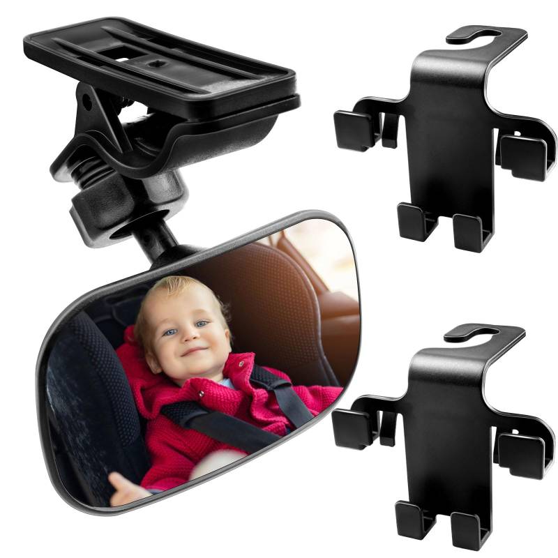 GZLCEU 1 Stk Spiegel Auto Baby, 360° Drehbar Baby Autospiegel Klare Vision Baby Spiegel Auto mit 2 Stk Autohaken für Säuglinge, Kinder und Meisten Auto(Schwarz) von GZLCEU
