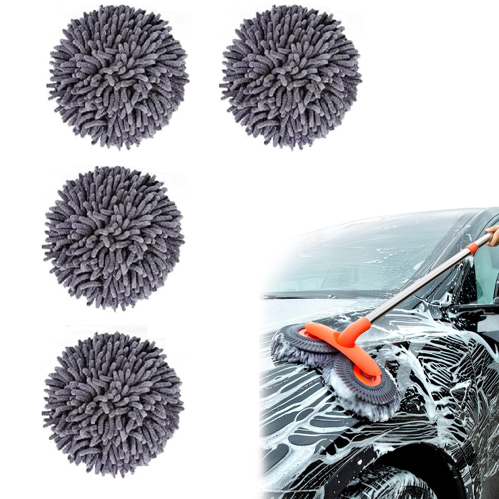Autowaschmopp mit Langem Griff, 115CM Autowaschbürste mit Teleskopgriff, 2-in-1 Chenille Mikrofaser Reinigungsset für Auto RV Trucks Wohnwagen Wohnmobil Haushaltsreinigung (4 * Moppkopf) von GZWY
