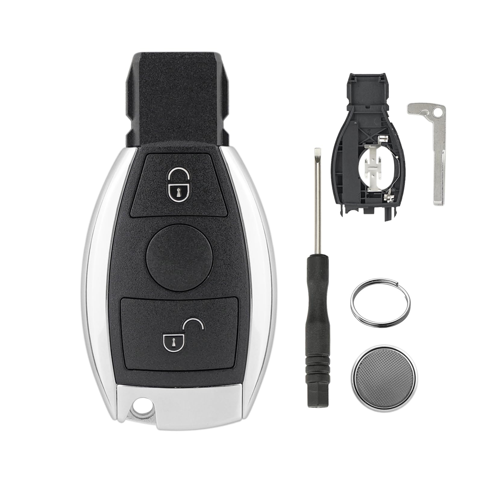 2-Knopf Auto Schlüssel Gehäuse Für Mercedes-Benz Schlüsselkastenersatzteile neu glc Maybach SEC Klasse Vito ml350 mit Schraubendreher und Schlüsselring mit CR2032 Batterie（Einfacher Batteriehalter） von GZXNKEY