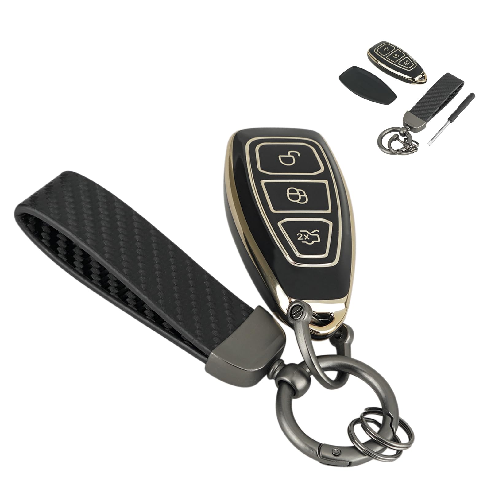 3-Tasten Autoschlüssel Hülle für Ford Fiesta Focus C-Max Galaxy B-Max Grand C-Max Kuga Mondeo S-Max Schwarz Goldrand TPU-Silikon-Schutzhülle und Auto Premium Kohlefaser Schlüsselanhänger 3-Tasten Autoschlüssel Hülle für Ford Fiesta Focus C-Max Galaxy B-Max Grand C-Max Kuga Mondeo S-Max Schwarz Goldrand TPU-Silikon-Schutzhülle und Auto Premium Kohlefaser Schlüsselanhänger von GZXNKEY