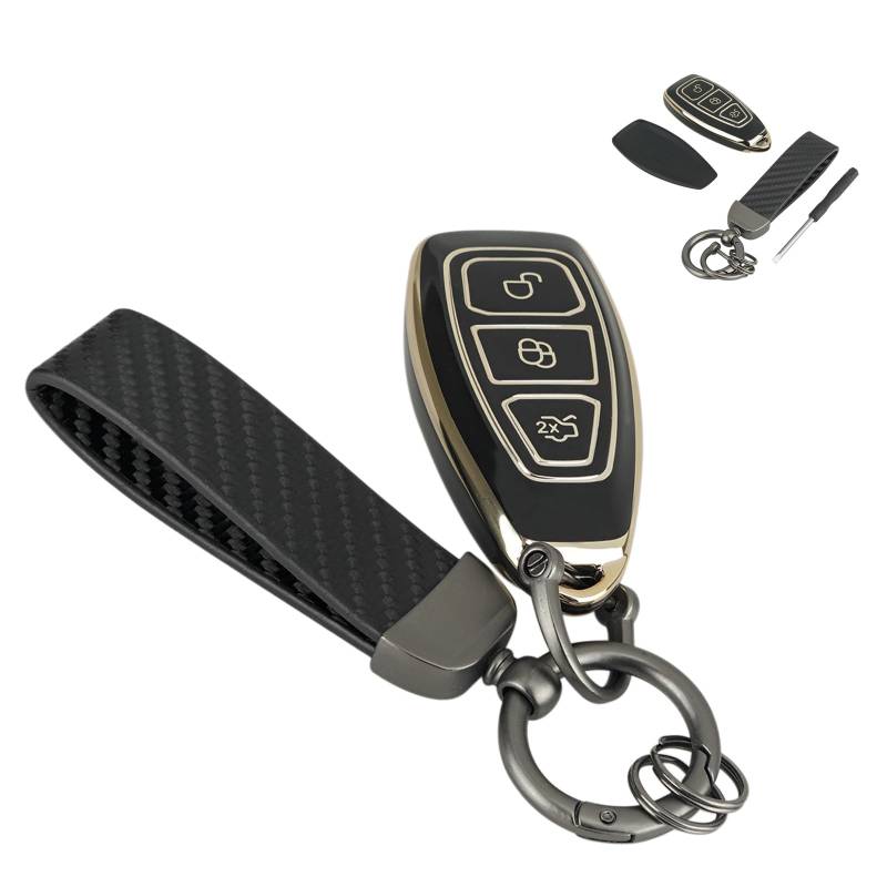 3-Tasten Autoschlüssel Hülle für Ford Fiesta Focus C-Max Galaxy B-Max Grand C-Max Kuga Mondeo S-Max Schwarz Goldrand TPU-Silikon-Schutzhülle und Auto Premium Kohlefaser Schlüsselanhänger von GZXNKEY