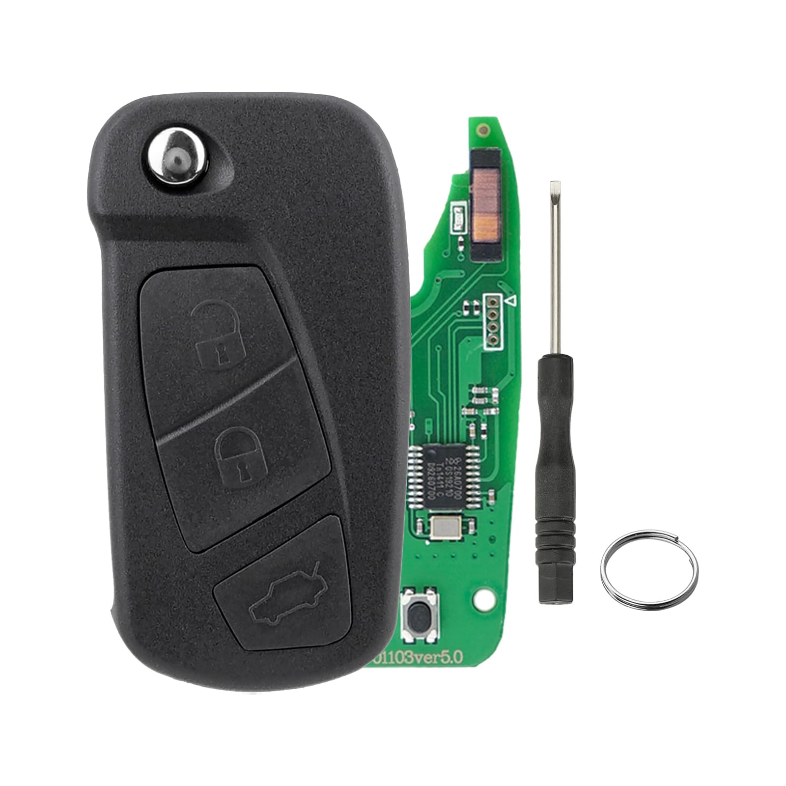 3 Tasten Klappbare Autoschlüssel-Fernbedienung Kompatibilität Ford KA MK2 mit Chip PCF7946 (ID46) 433 MHz mit Klinge und Schraubendreher und Schlüsselring von GZXNKEY