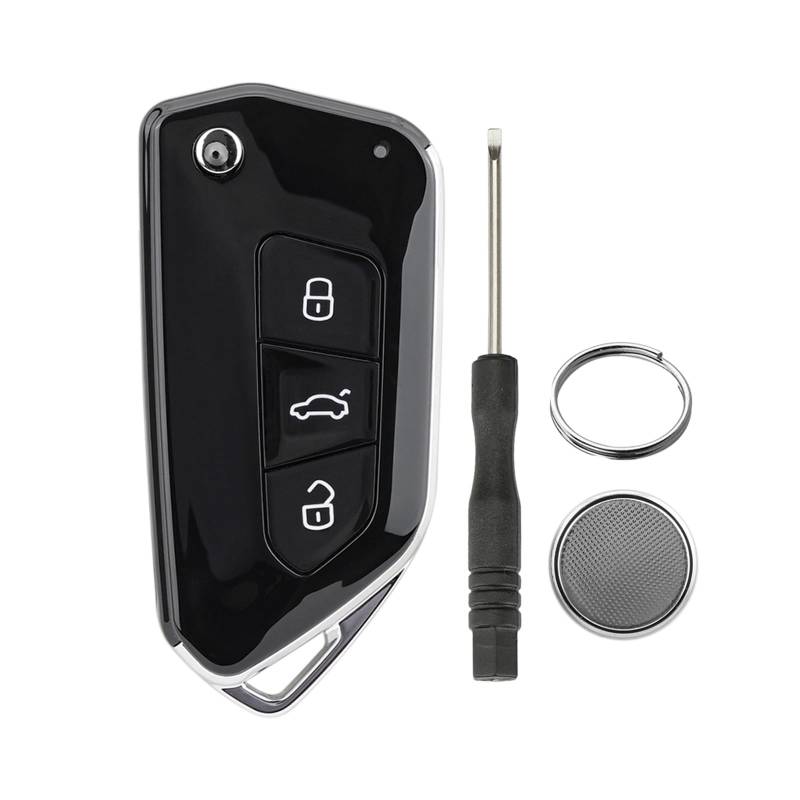 3-Tasten Autoschlüssel-Klappetui für Volkswagen Golf Mk6 Polo Beetle Cadillac Wagon Sharan Touareg Jetta mit Klinge und Schraubendreher und Schlüsselring (mit Batterie) von GZXNKEY