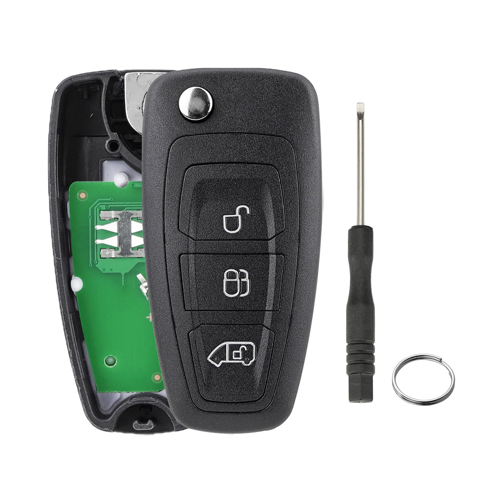 Auto Fernbedienungsschlüssel Kompatibel mit Ford 3 Schlüssel Klappschlüssel 433 MHz mit ID63 Keramik Chip FSK mit Schraubendreher und Schlüsselring und HU101Klinge MPV Bilder von GZXNKEY