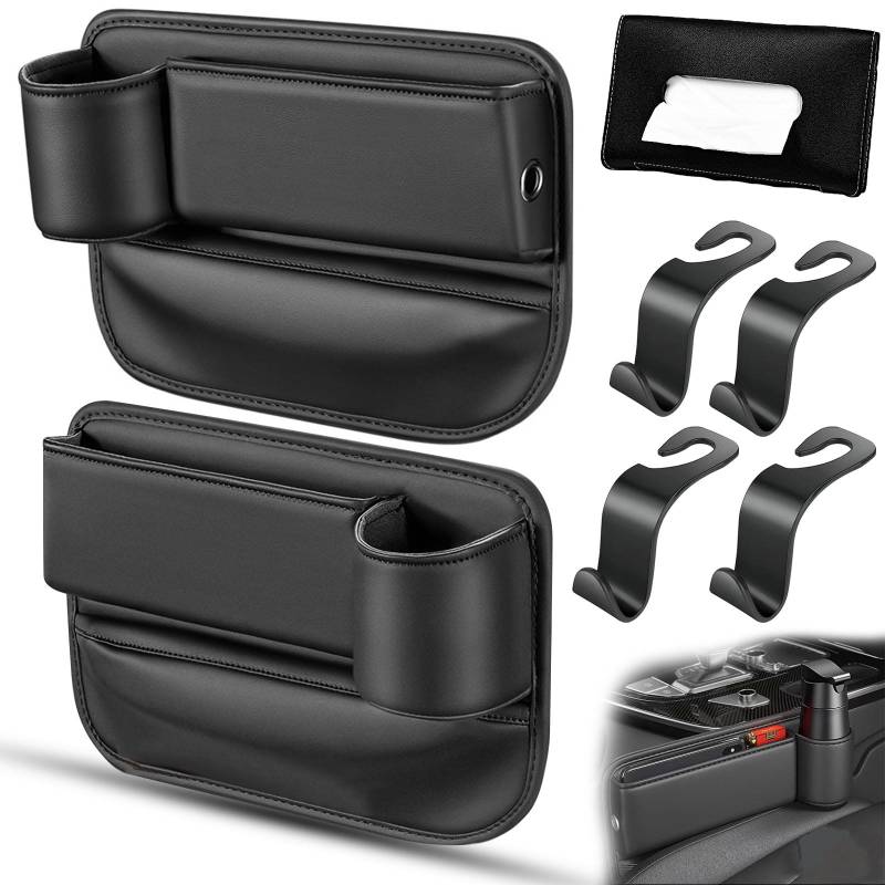GZhaimai 2 STK Gap Organizer, Beifahrersitz Organizer mit Kabelloch für Handys Karten Brillen Schlüssel, mit Taschentuchbox Schwarz & Autohaken von GZhaimai