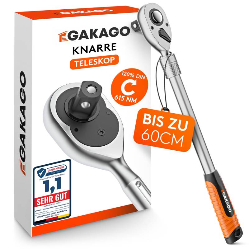 Gakago Teleskop-Ratsche 1/2 Zoll bis zu 60cm - Extra lange umschaltbare Knarre mit ergonomischen Griff - Überlegende Kraft mit über 615 Nm und präzisen 72 Feinzahn Getriebe von Gakago