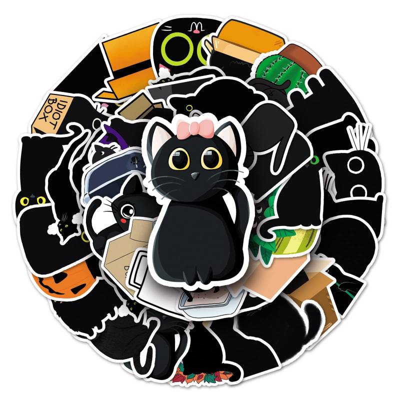 50 Stück Schwarze Katze Wasserfeste Aufkleber Sticker Set für Kinder Jugendliche Black Cat Vinyl Aufkleber für Auto Laptop Skateboard Fahrrad Moped Motorrad Motorräder Gepäck Computer Koffer von Gaojiwanju