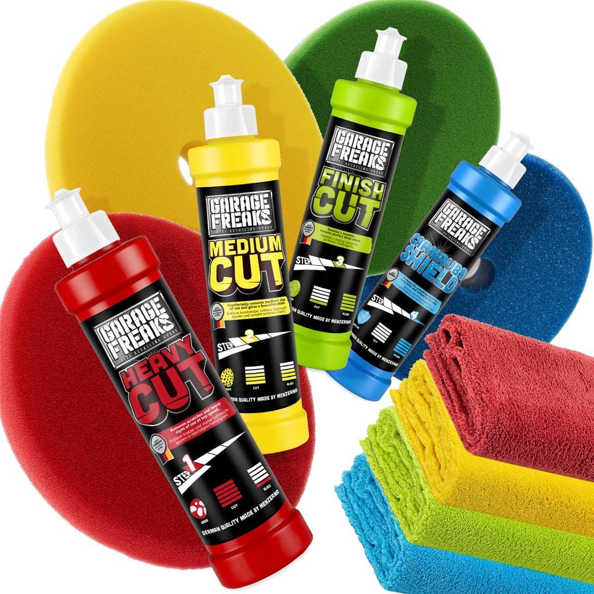 Garage Freaks Autopolitur Set Heavy Cut 250ml + Medium Cut 250ml + Finish Cut 250ml + Versiegelung Carnauba Shield 250ml + 4 passende Pads + 4 Mikrofasertücher 550GSM von Garage Freaks