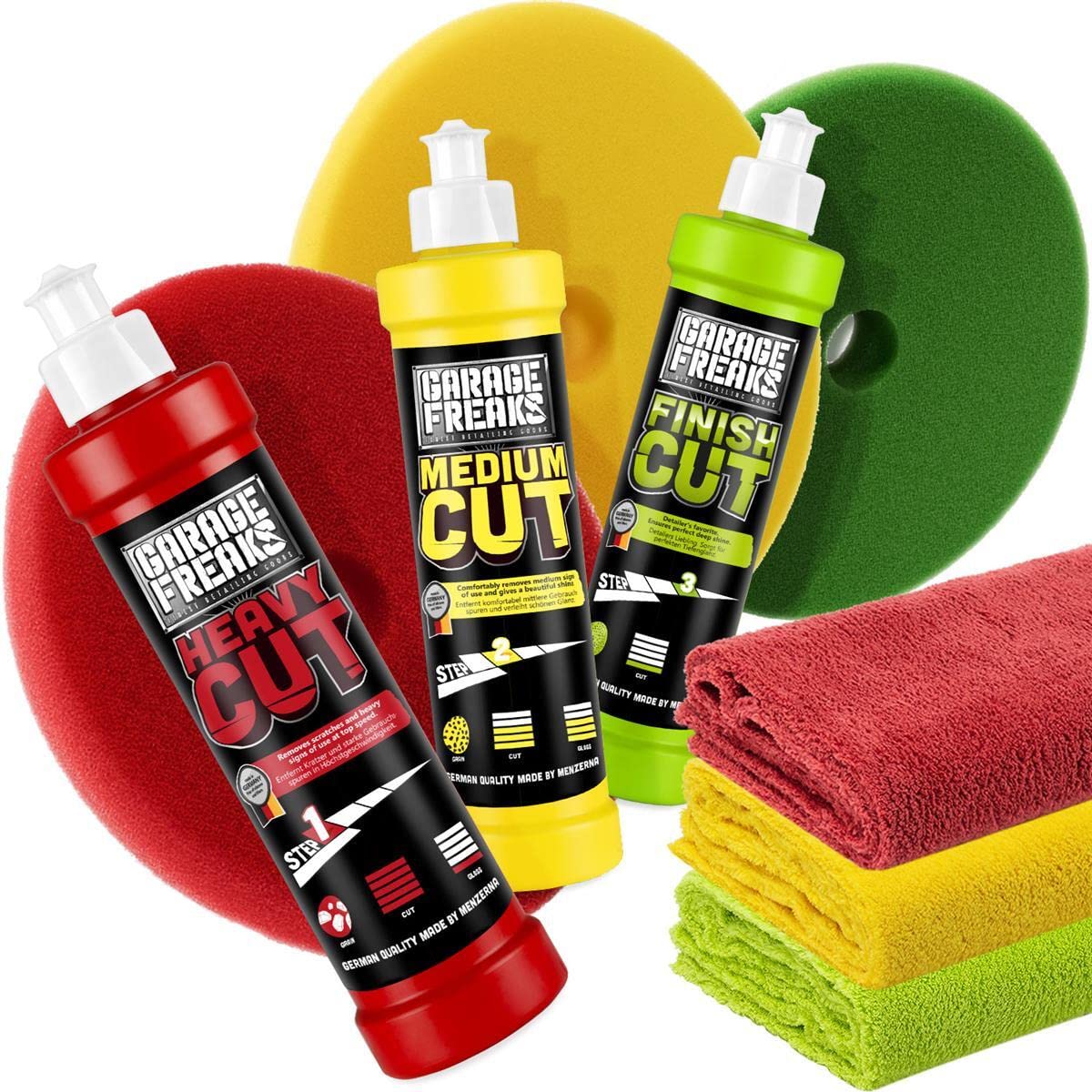 Garage Freaks Autopolitur Set Heavy Cut Politur 250ml + Medium Cut Politur 250ml + Finish Cut Politur 250ml + 3 passende Foam Pads + 3 Mikrofasertücher 40x40cm, 550GSM von Garage Freaks