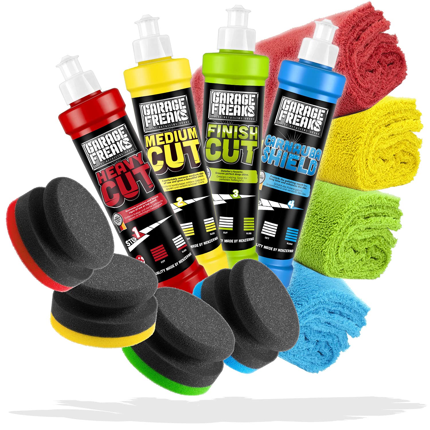 Garage Freaks Handpolitur Set Komplettpaket: Heavy Cut 250ml + Medium Cut 250ml + Finish Cut 250ml + Protection Carnauba Shield 250ml + 4X Polierschwamm + 4X Mikrofaser Poliertücher 40x40cm 550GSM von Garage Freaks