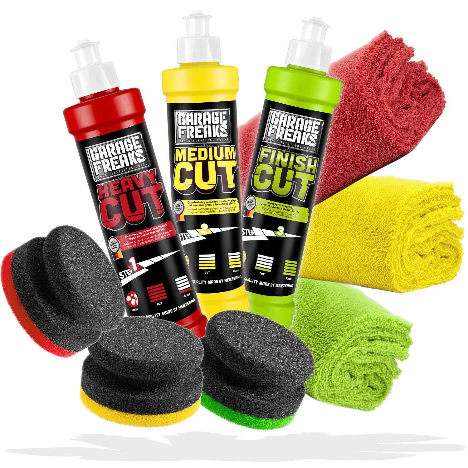 Garage Freaks Handpolitur Set Premiumpaket: Heavy Cut 250ml + Medium Cut 250ml + Finish Cut 250ml + 3X Polierschwamm + 3X Mikrofaser Poliertücher 40x40cm 550GSM - Für eine optimale Auto Politur von Garage Freaks