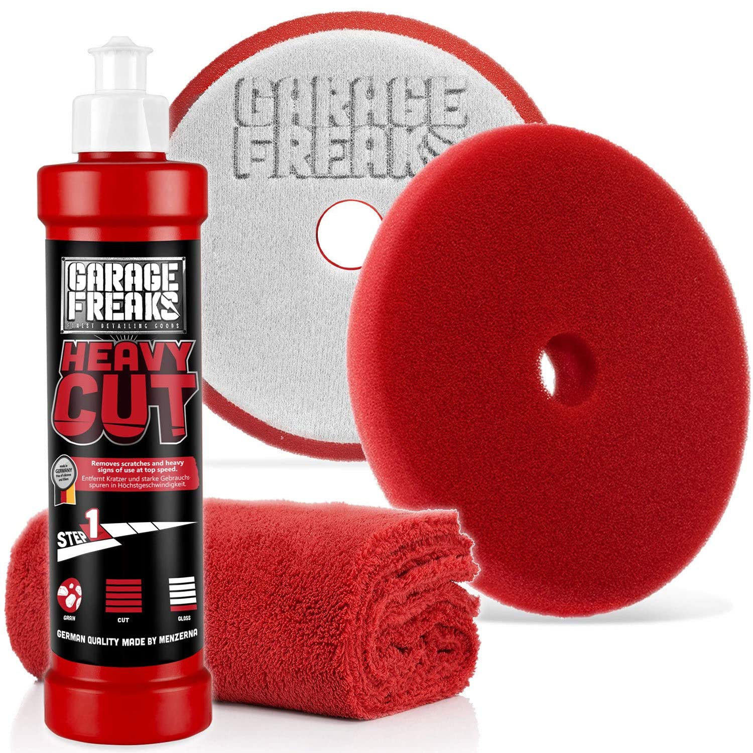 Garage Freaks - Step 1 - Heavy Cut Set Heavy Cut Schleifpolitur 250ml Heavy Cut Foam Pad + Edgeless Superflausch Mikrofaser Poliertuch 40x40cm, 550GSM von Garage Freaks