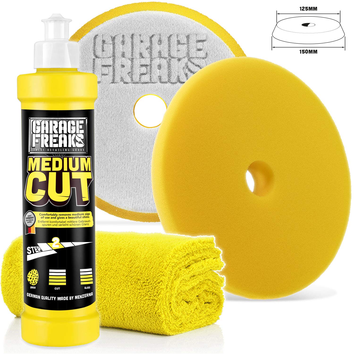 Garage Freaks - Step 2 - MEDIUM Cut Set Medium Cut Hologrammentferner 250ml Medium Cut Foam Pad + Edgeless Superflausch Mikrofaser Poliertuch 40x40cm, 550GSM von Garage Freaks