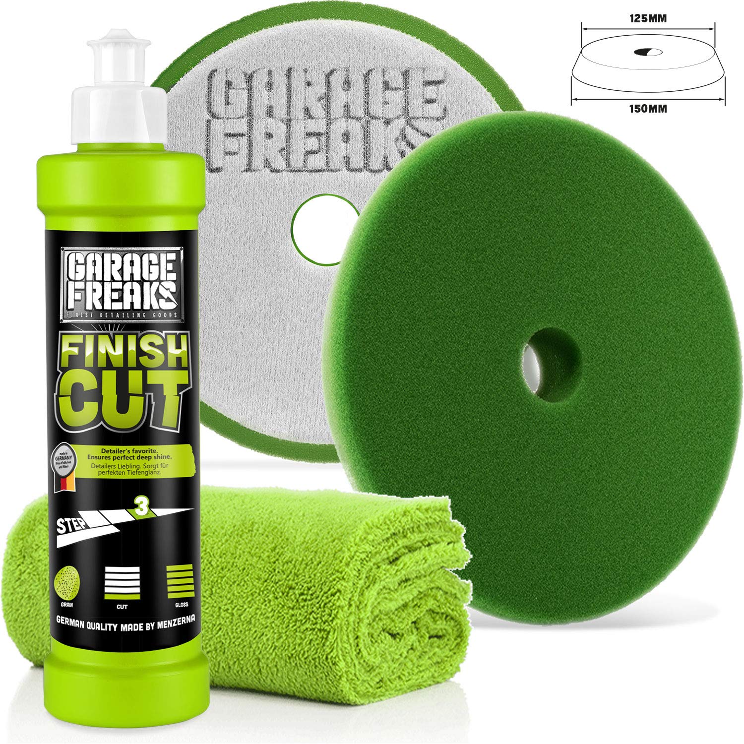 Garage Freaks - Step 3 - Finish Cut Set Finish Cut Hochglanzpolitur 250ml Finish Cut Foam Pad + Edgeless Superflausch Mikrofaser Poliertuch 40x40cm, 550GSM von Garage Freaks