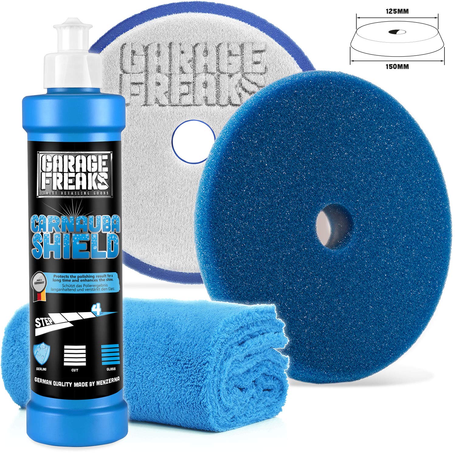 Garage Freaks - Step 4 - Protection Carnauba Shield Set Carnauba Shield Wachsversiegelung 250ml Wax Foam Pad + Edgeless Superflausch Mikrofasertuch 40x40cm, 550GSM von Garage Freaks