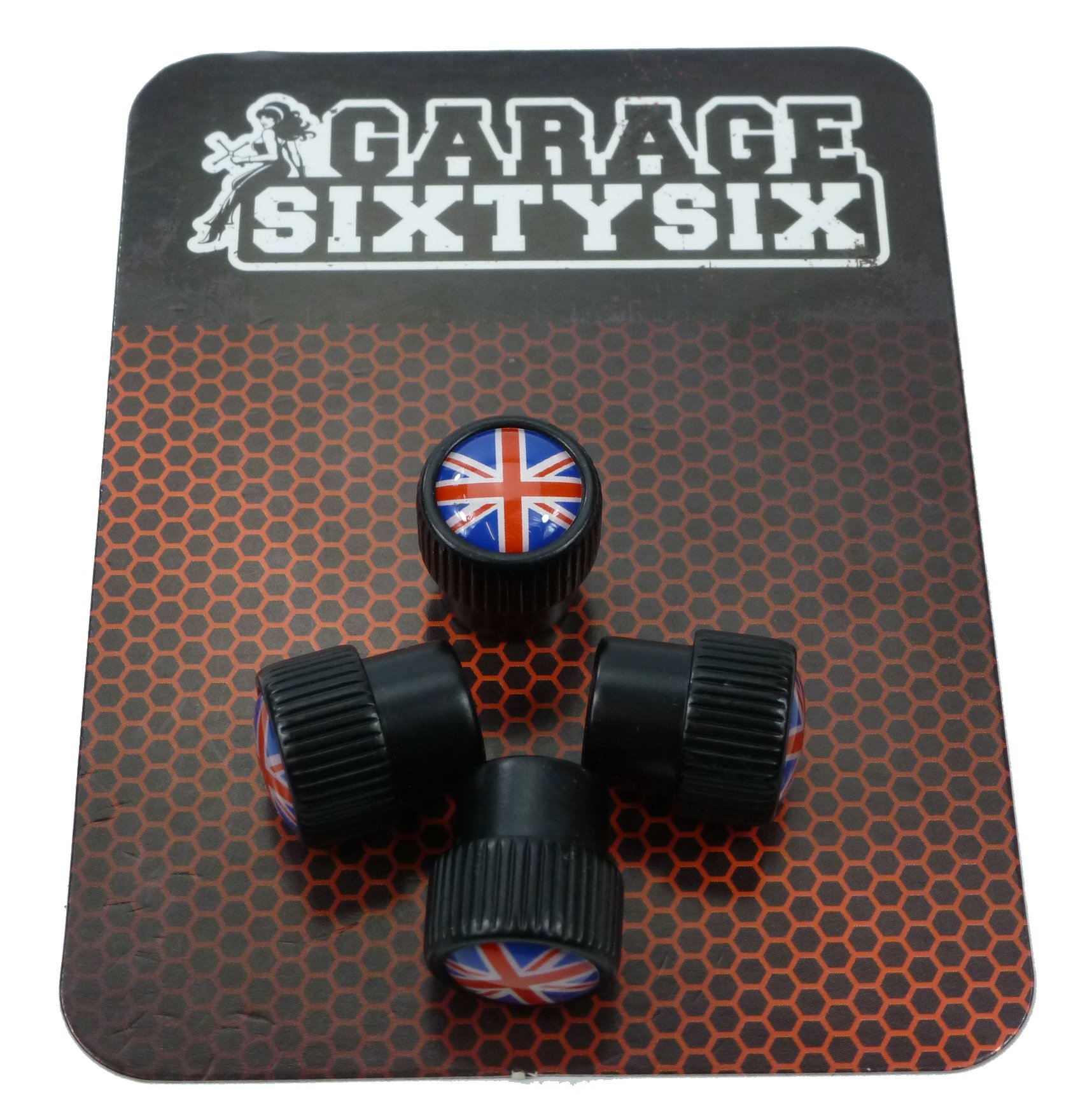 Garage-SixtySix 4 Ventilkappen Modell Chicago SCHWARZ Motiv: UK von Garage-SixtySix