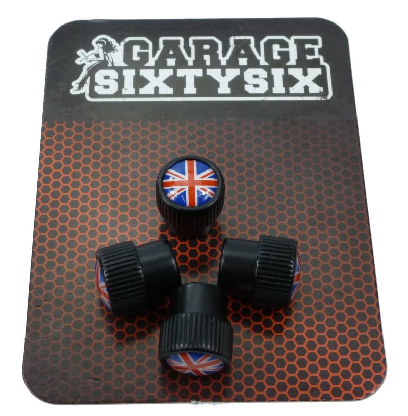 Garage-SixtySix 4 Ventilkappen Modell Chicago SCHWARZ Motiv: UK von Garage-SixtySix