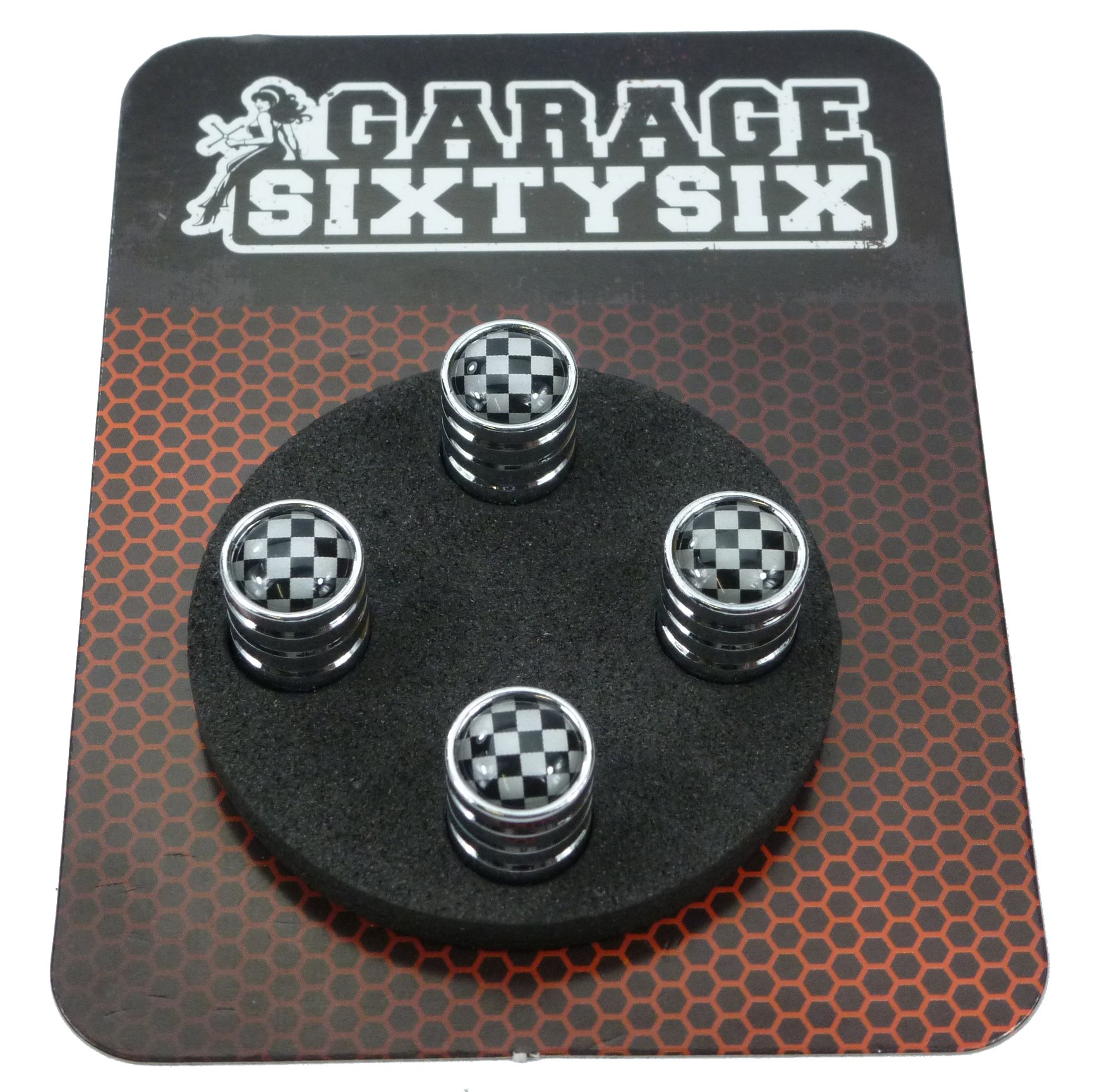 Garage-SixtySix 4 Ventilkappen Checkered Flag in Chrom/Modell: Detroit Garage-SixtySix 4 Ventilkappen Checkered Flag in Chrom/Modell: Detroit von Garage-SixtySix