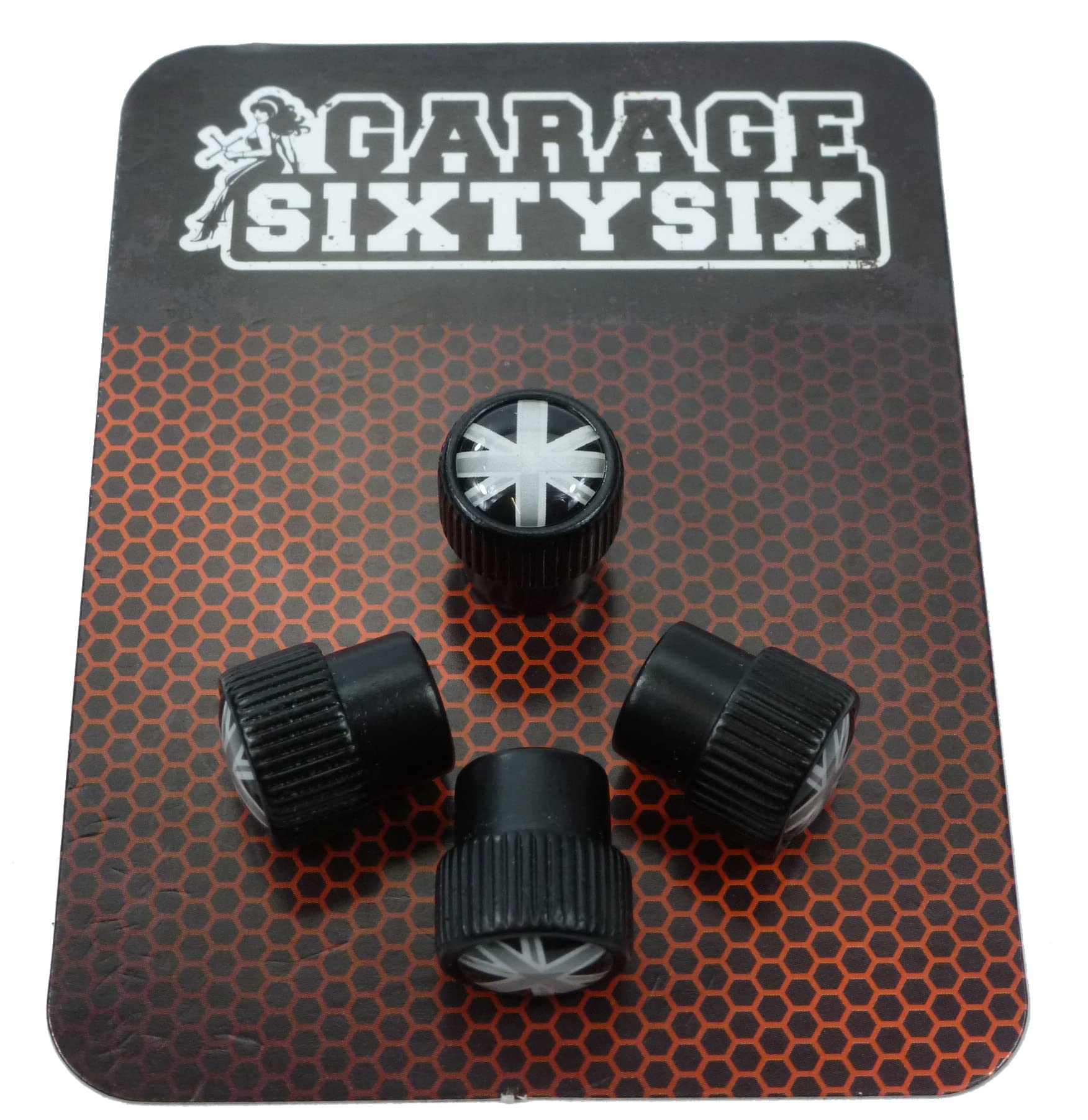 Garage-SixtySix 4 Ventilkappen Modell Chicago SCHWARZ Motiv: UK schwarzweiß von Garage-SixtySix