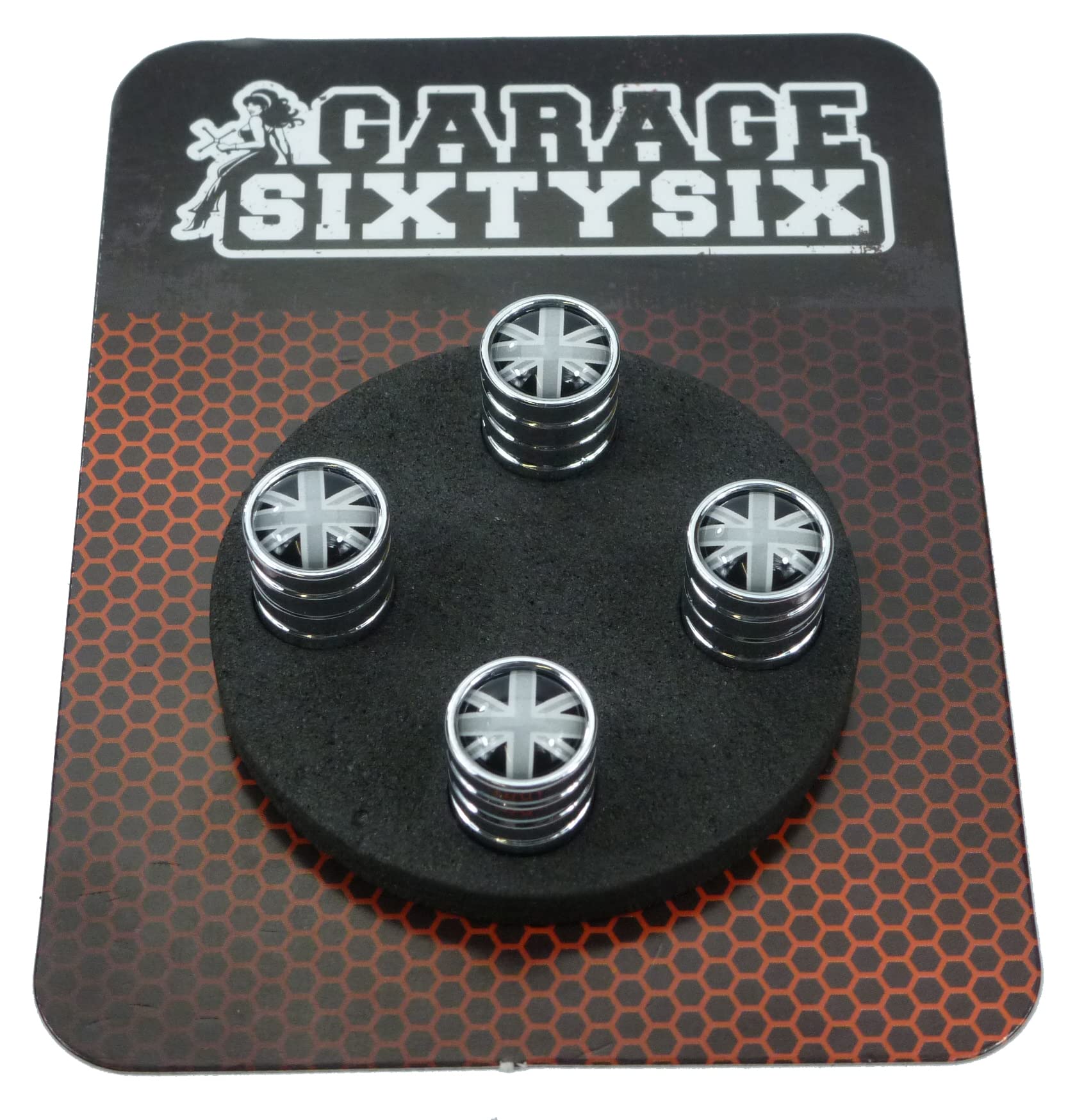 Garage-SixtySix 4 Ventilkappen UK schwarz-weiß in Chrom/Modell: Detroit von Garage-SixtySix