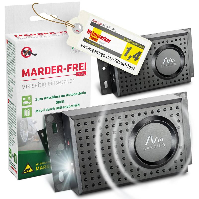 GARDIGO® Marder-Frei Dual - 2er Set | Marderschreck Auto | 25 Jahre Erfahrung mit Marderabwehr für KFZ Haus Garage | Ultraschall und Blitzlicht | Anschluss an 12V Autobatterie oder Batteriebetrieb von Gardigo