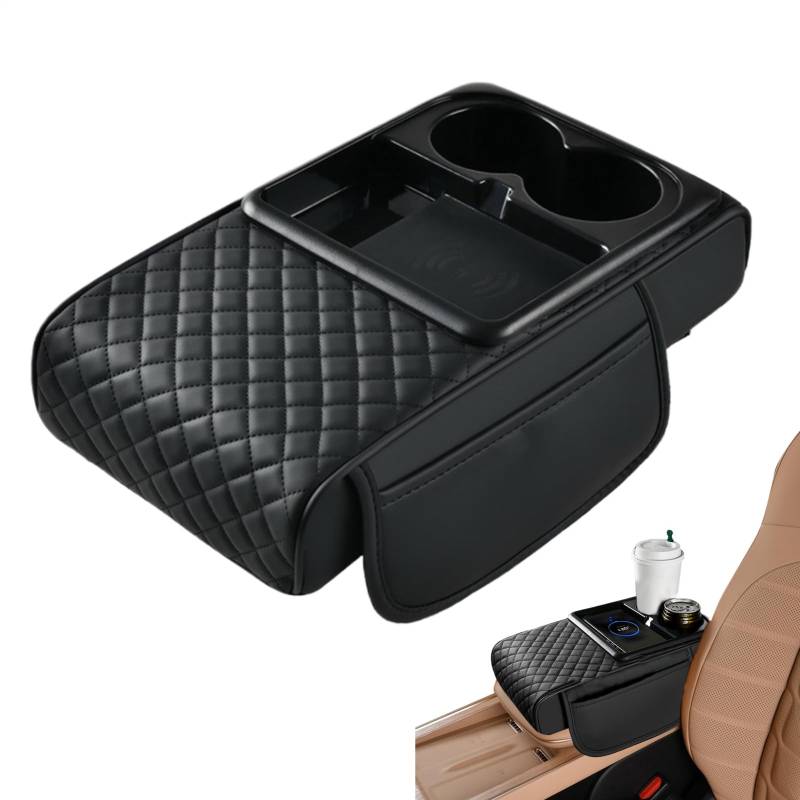 Multifunktionale Auto-Armlehnenbox, 15 W, kabelloses Aufladen, Leder-Armlehnen-Box-Pad, Leder-Ellenbogenstütze mit Seitentasche und Getränkehalter, 31/21/7 cm, einfach zu installieren, tragbar für von Gcerfby
