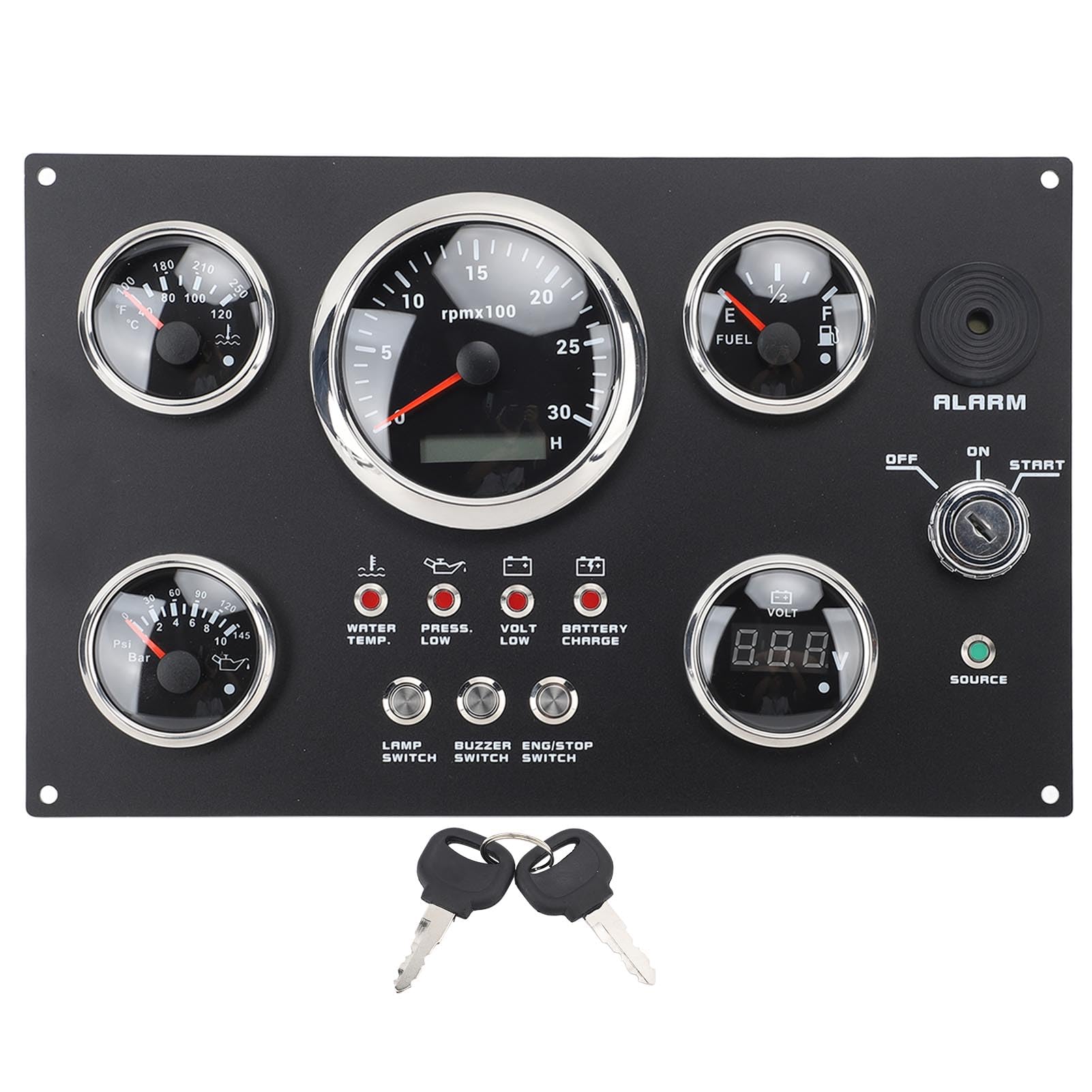 Gearwell Gauge Panel -Set, 85 mm Dreh- und Verlustmesser Wassertemperatur Öldruck Ölspiegelmesser mit Schlüssel, die mit 24 -V -Boots -Yacht -Armaturenbrett kompatibel ist (7 LED de color) von Gearwell