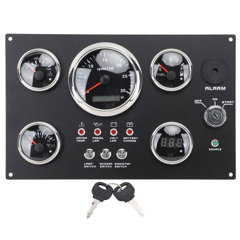 Gearwell Gauge Panel -Set, 85 mm Dreh- und Verlustmesser Wassertemperatur Öldruck Ölspiegelmesser mit Schlüssel, die mit 24 -V -Boots -Yacht -Armaturenbrett kompatibel ist (7 LED de color) von Gearwell