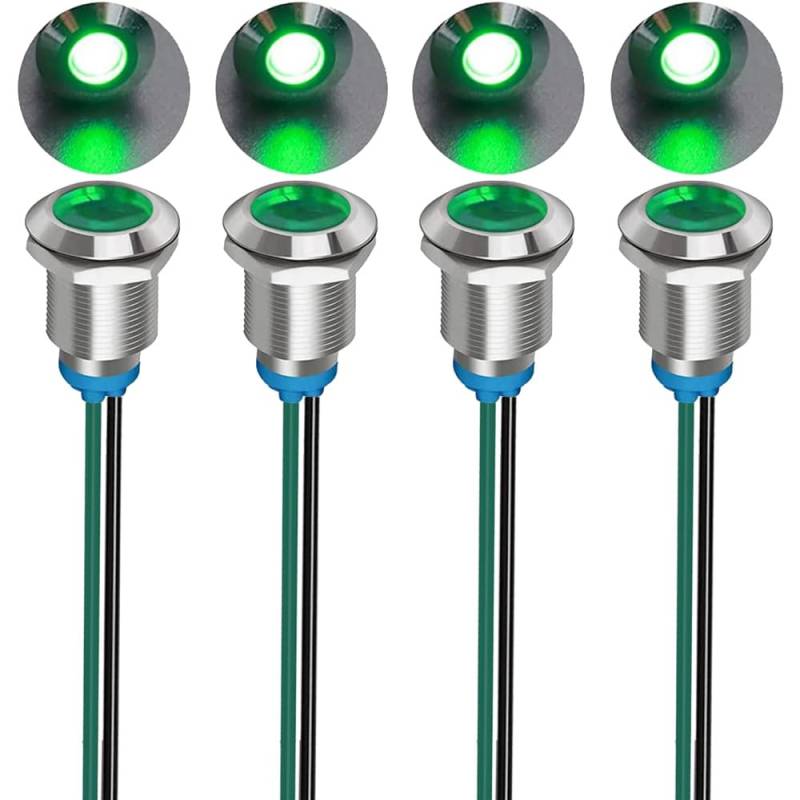 Gebildet 4Stück 12mm 3V-4.5V-5V-6V-7.5V-9V LED Metall Kontrollleuchte wasserdichte Signallampe Pilot Dash mit Draht (Grün) von Gebildet