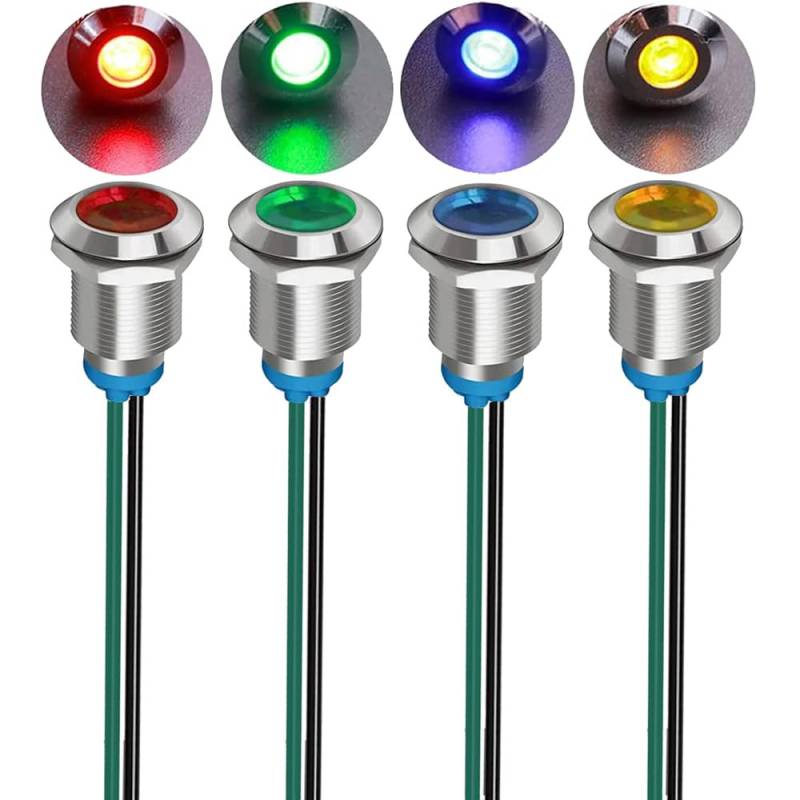 Gebildet 4 Stück 12mm 3V-4.5V-5V-6V-7.5V-9V LED Metall Kontrollleuchte Wasserdichte Signallampe Pilot Dash mit Draht (Rot/Orange/Blau/Grün) von Gebildet