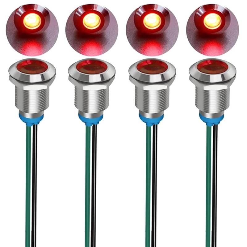 Gebildet 4Stück LED Metall Kontrollleuchte 12mm 3V-4.5V-5V-6V-7.5V-9VDC wasserdichte Signallampe Pilot Dash mit Draht (Rot) von Gebildet