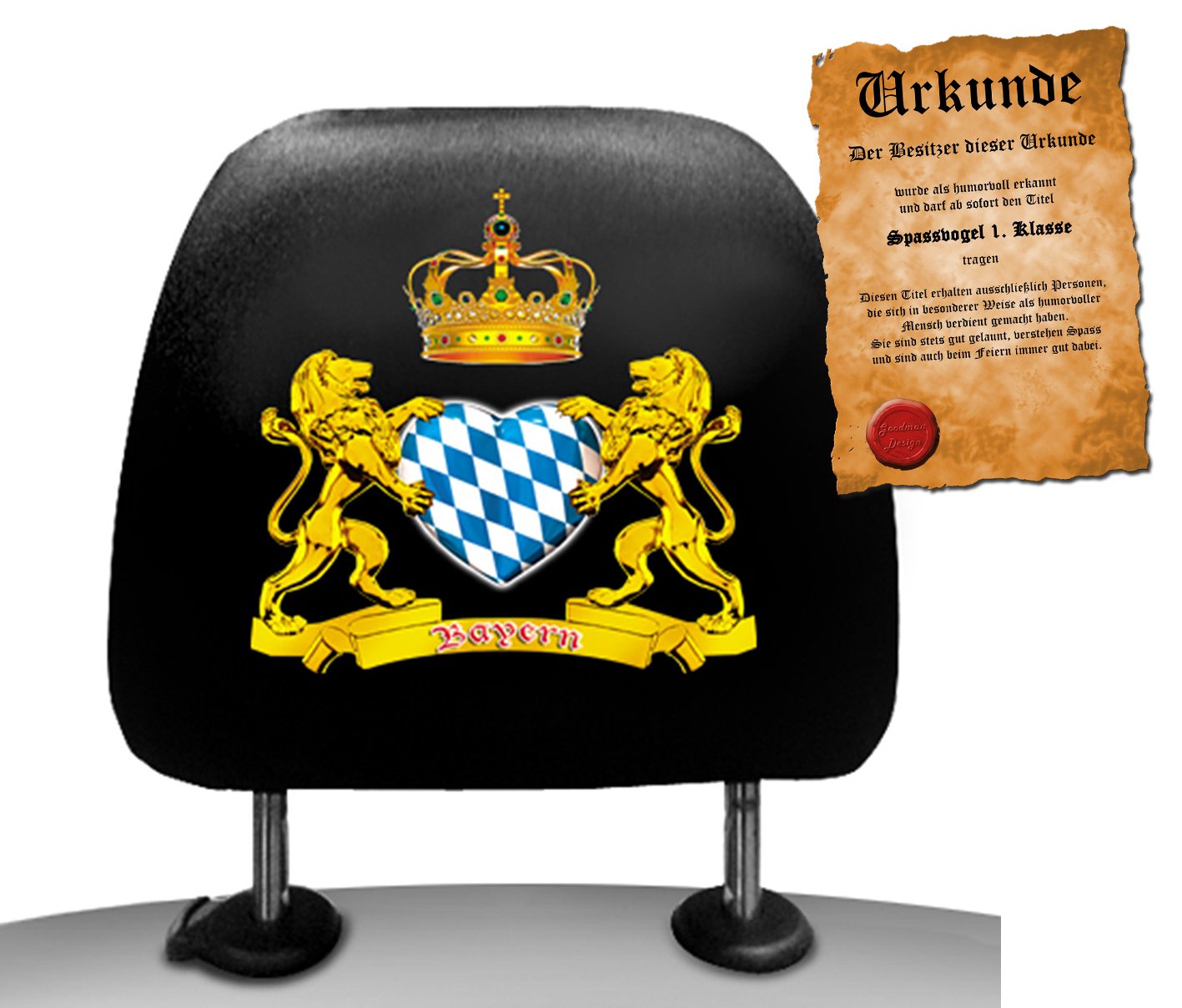 Geile-Fun-T-Shirts 2 Stück Kopfstützenbezug mit Bayern Löwen Wappen Schonbezug für Kopfstützen geil Bedruckt Geschenk Set mit Urkunde von Geile-Fun-T-Shirts