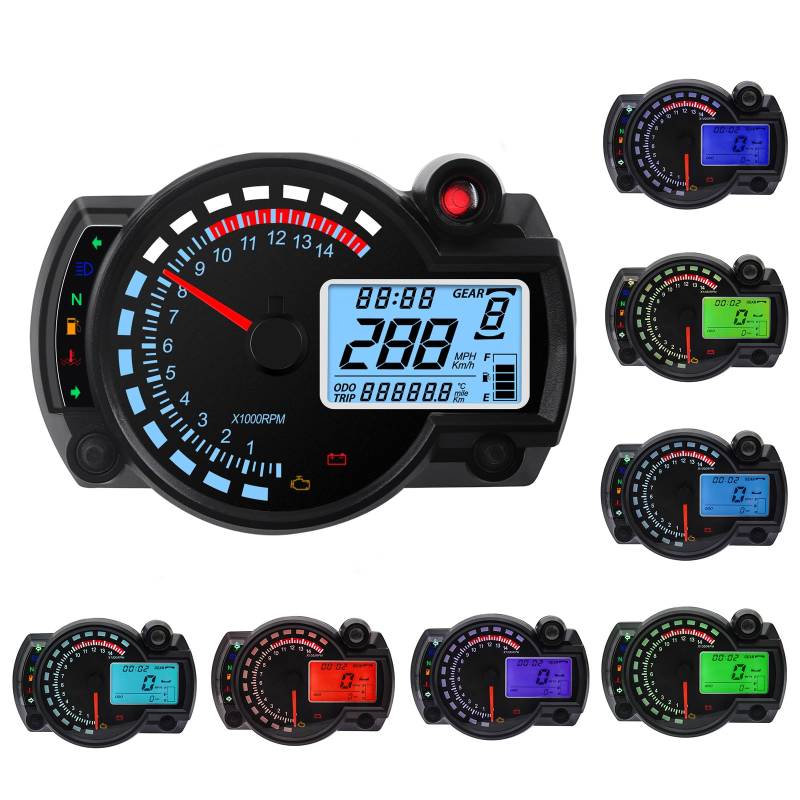 Geloo 14000RPM Motorrad Tachometer LCD Digital Motorrad RX2N Kilometerzähler Instrument einstellbar, Kilometerzähler Tachometer mit Geschwindigkeitssensor 0-299 KM/H 7Farben Hintergrundbeleuchtung von Geloo
