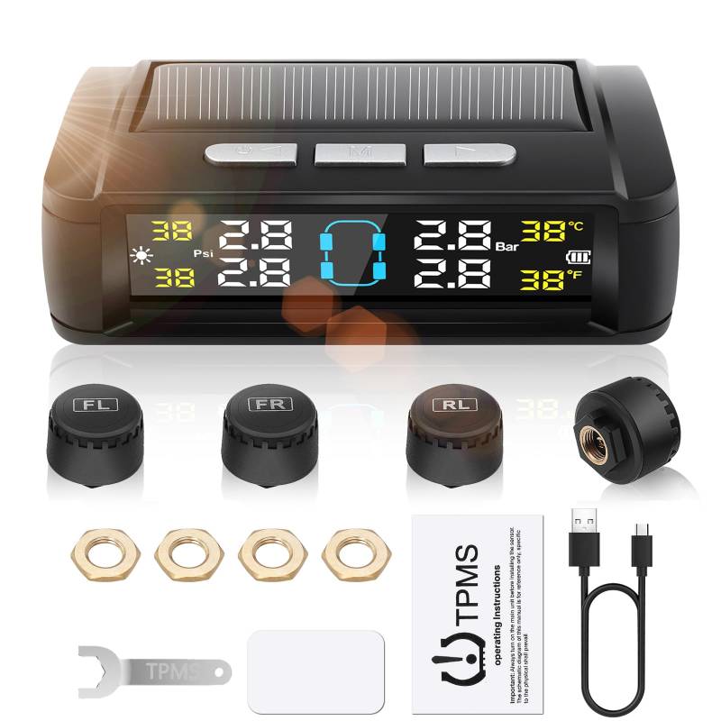 Geloo TPMS Reifendruckkontrollsystem mit 4 Wasserdicht IPX7-Reifendrucksensoren.Druckbereich：0-5 Bar für RV LKW Van SUV von Geloo