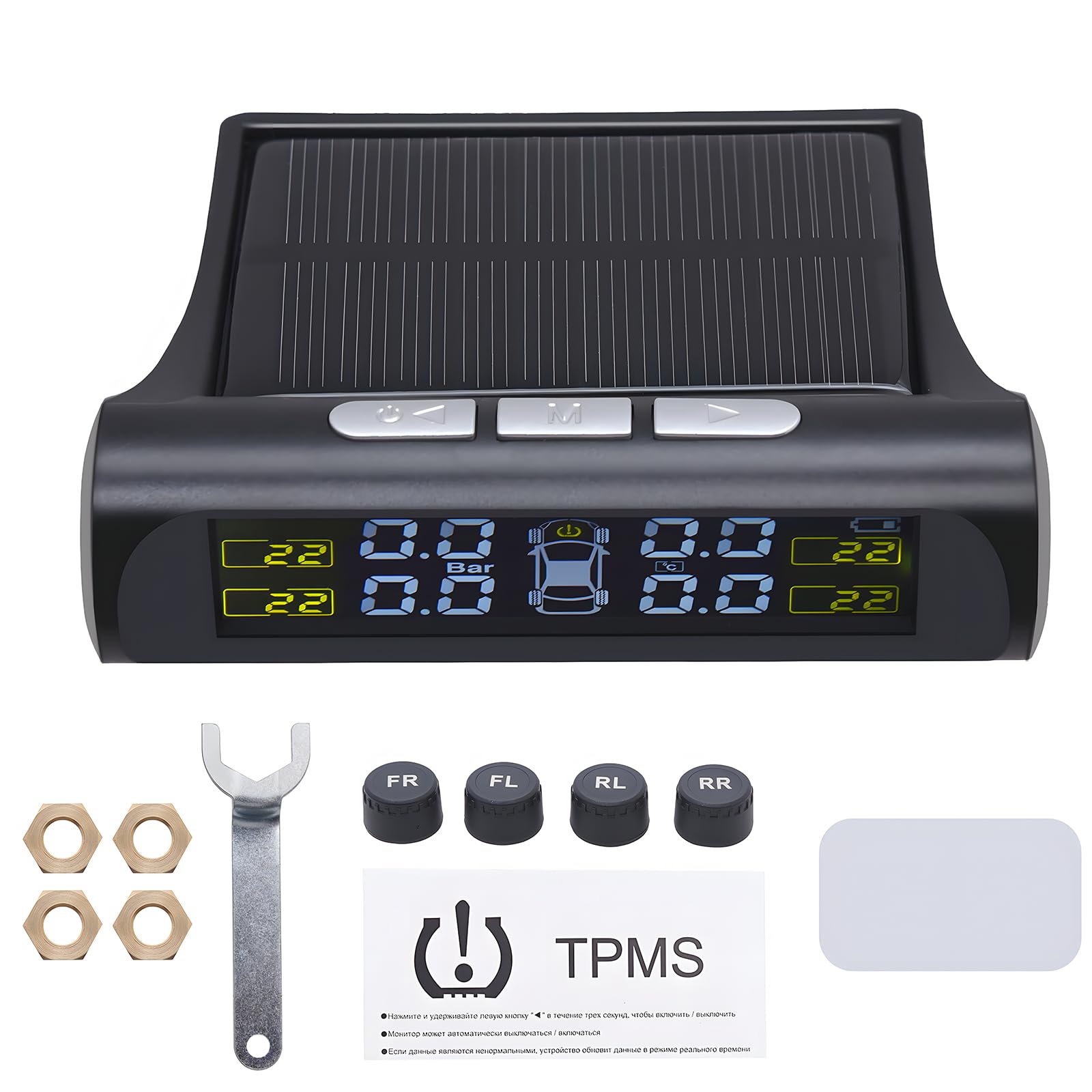 Geloo Universal Reifendruck-Kontrollsystem mit 4 externen Sensoren Wireless TPMS Solar Monitor mit 5 Alarm-Modus, Druckbereich 0-6 bar für Auto SUV Anhänger von Geloo