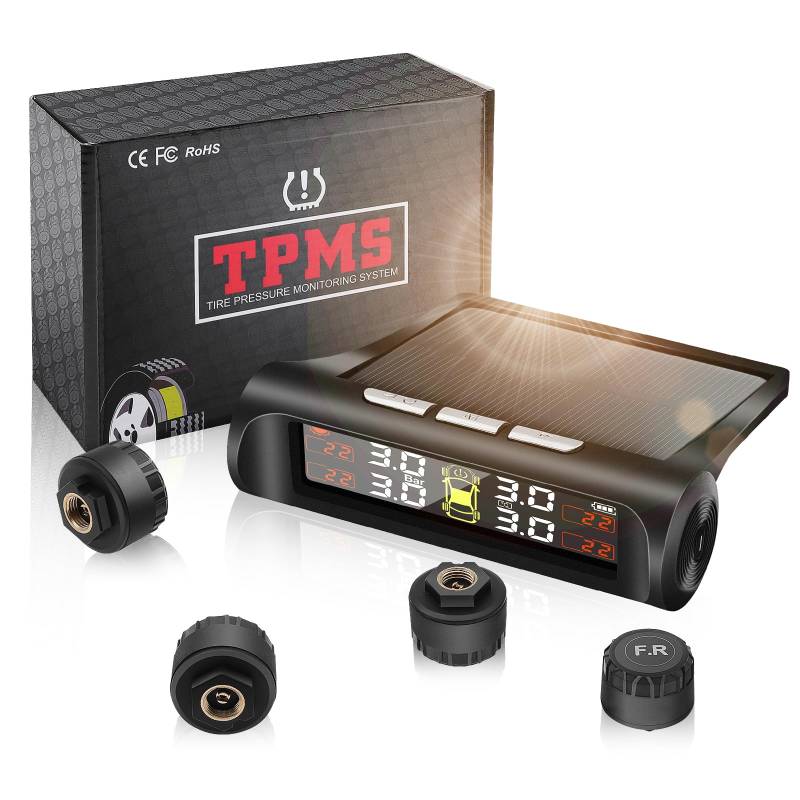 Geloo TPMS Reifendruck-Kontrollsystem mit 4 externen Sensoren Wireless TPMS Solar Monitor Universal mit 5 Alarm-Modus, Druckbereich 0-5 bar für RV Van SUV Anhänger Auto von Geloo