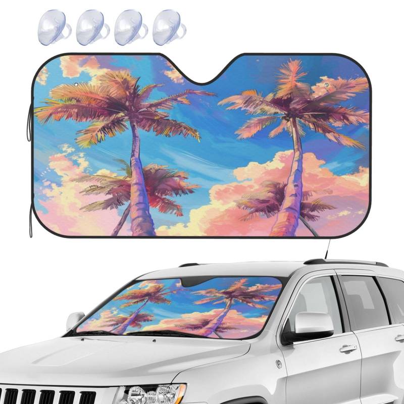 Auto Frontscheibe Aquarell Palme Blau Auto Sonnenschutz Frontscheibe Klappbarer Sommer Sonnenblende Für Windschutzscheibe, Für Car, Truck, LKW, S von Generic