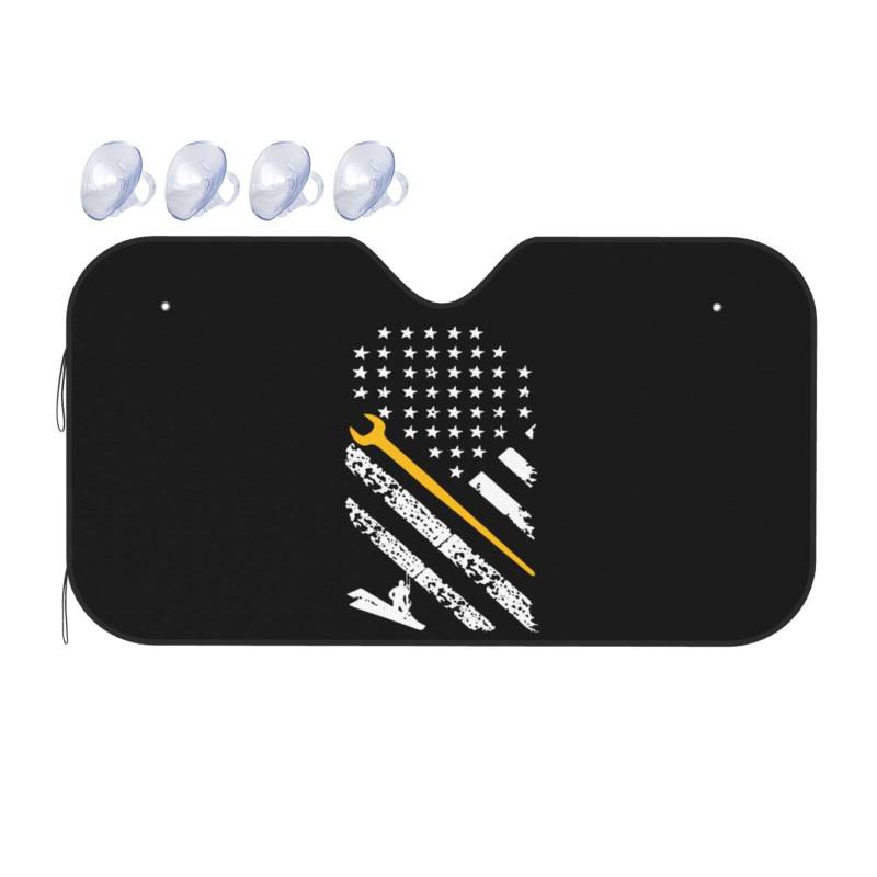 Auto Frontscheibe Eisenarbeiter Mit Amerikanischer Flagge Gelb Vorderseite Frontscheibe Sonnenschutz Mit Saugnäpfe Schützt Innenraum Windschutzscheibe Sonnenschirm, Für SUV, Truck, LKW, M von Generic