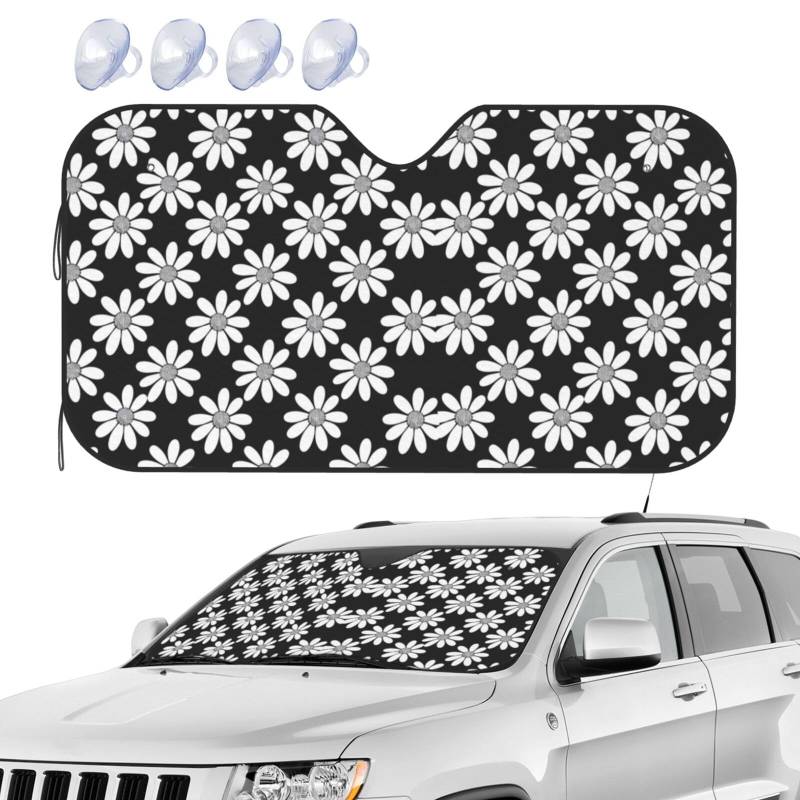 Auto Frontscheibe Schwarze Weiße Blume Vorderseite Frontscheibe Sonnenschutz Universal Blockiert Uv Windschutzscheibe Sonnenschirm, Für SUV, Truck, Car, M von Generic