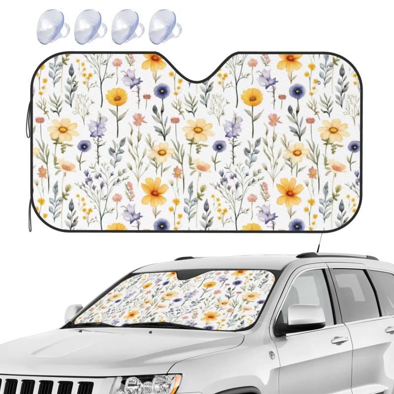 Auto Sonnenschutz Gelbe Wildblumen-Botanische Blätter-Aquarell Auto Sonnenschutz Für Frontscheibe Universal Schützt Innenraum Sonnenblende Für Windschutzscheibe, Für SUV, Truck, LKW, M von Generic