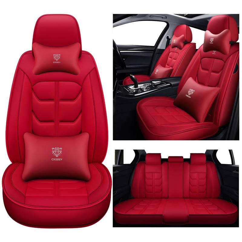 Autositzbezüge Für VW Passat B8 Variant 2016-2023 2024 2025, Sitzbezüge Auto Universell, PU Leder, Wasserdichtes，Atmungsaktives, Kopf- und Lumbalkissen(Red) von Generic