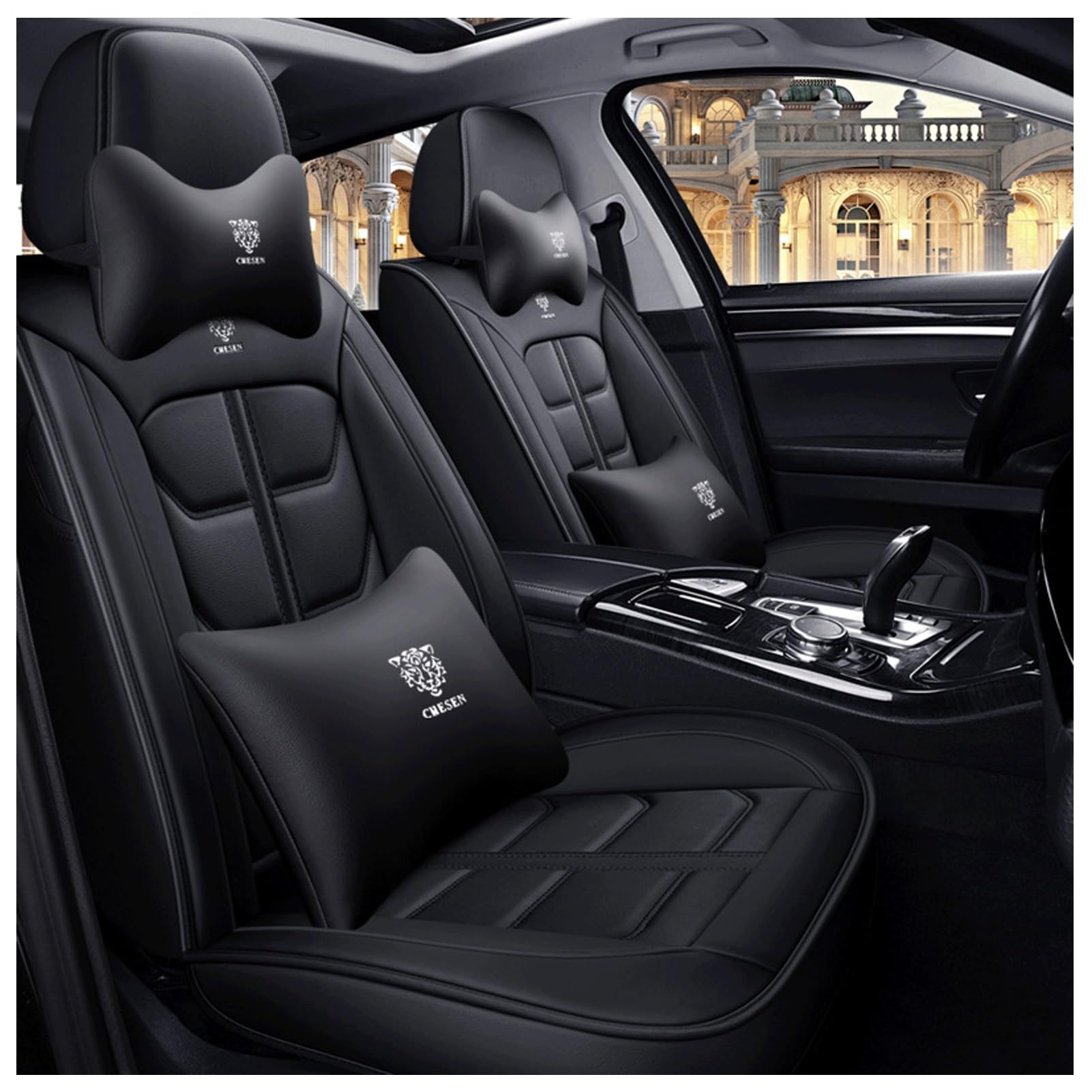 Autositzbezüge Für Volkswagen T-Cross T-ROC Taigo, Sitzbezüge Auto Universell, PU Leder, Wasserdichtes，Atmungsaktives, Kopf- und Lumbalkissen(Black) von Generic