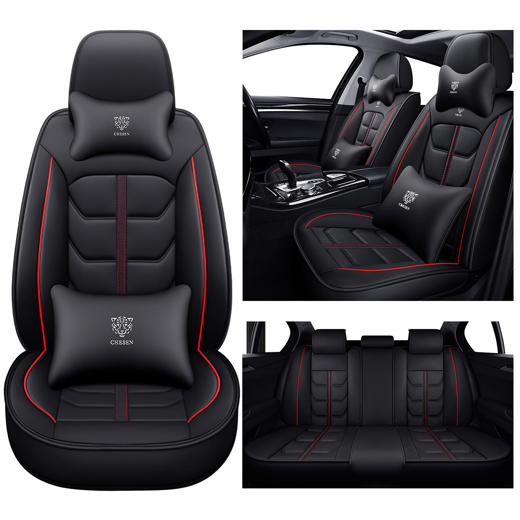 Autositzbezüge Für Volkswagen Touran 2000-2023 2024 2025, Sitzbezüge Auto Universell, PU Leder, Wasserdichtes，Atmungsaktives, Kopf- und Lumbalkissen(Black red) von Generic