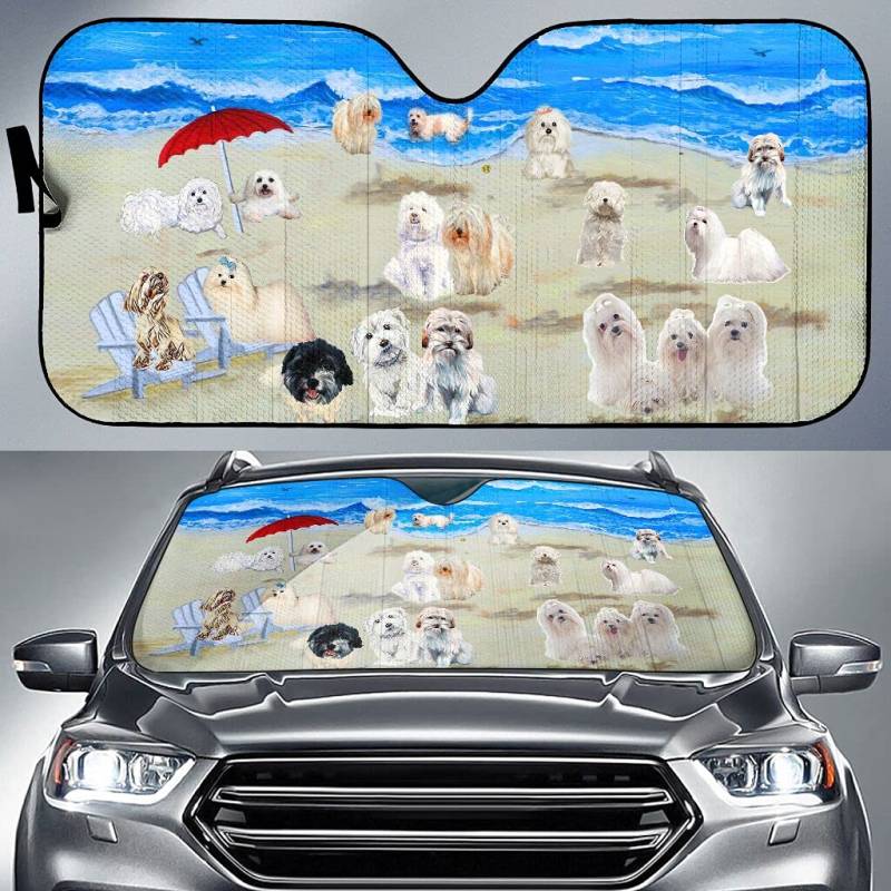 Coton De Tulear Im Sommerstrand Sonnenschutz Auto Frontscheibe Wasserbeständig Auto Windschutzscheibe Sonnenblende Universal Für Geländewagen Lastwagen Wagen von Generic