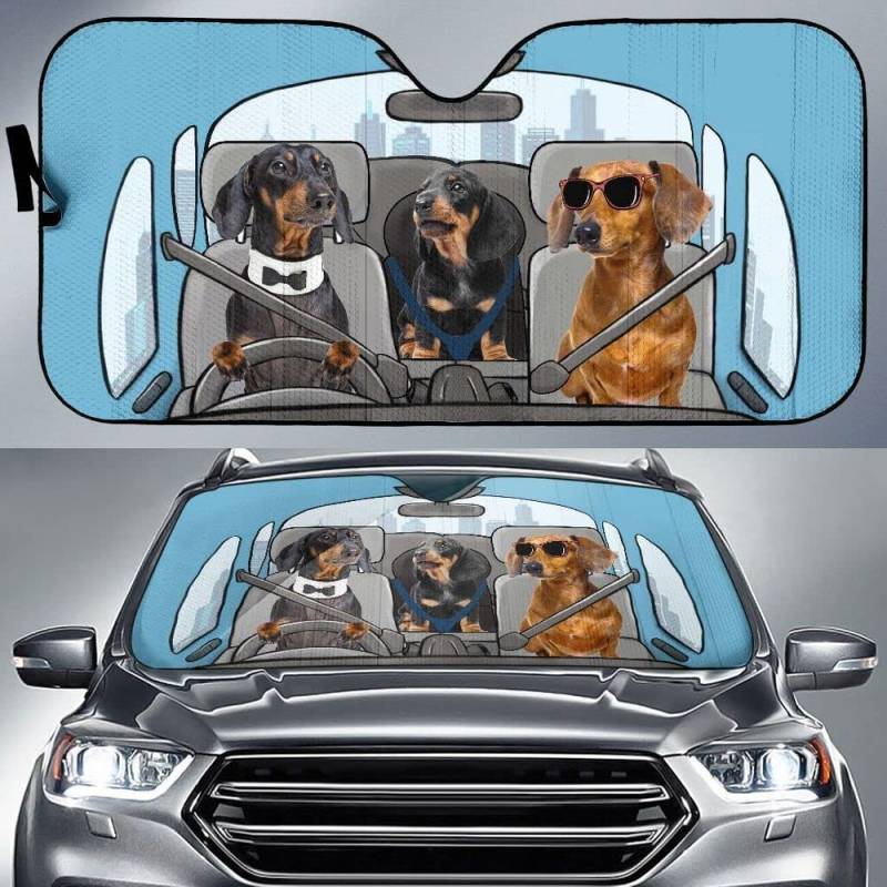 Dackel-Hundefamilie Trägt Sonnenbrille Beim Fahren Auf Der Rechten Seite Auto Windschutzscheibe Sonnenblende Einfache Lagerung Sonnenschutz Auto Frontscheibe Universal Für Sommer SUV von Generic