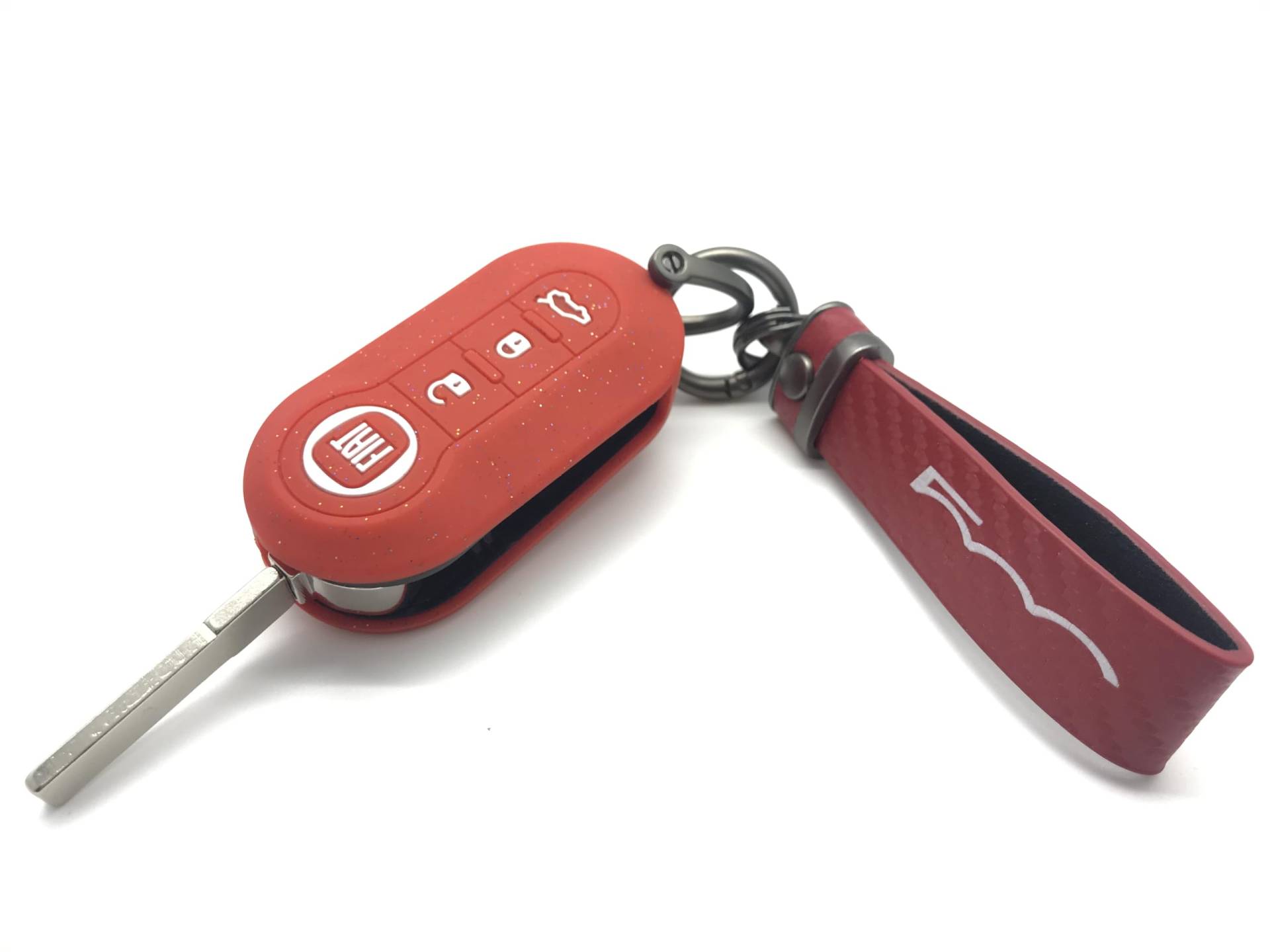 Generic Nordecco - Silikon-Schlüsselhülle mit Schlüsselring, passend für FIAT 500, 500L, Lounge, Abarth, Grande Punto, Brava, Panda, Stilo, Linea (rote Glitzerhülle + roter Schlüsselanhänger) von Generic