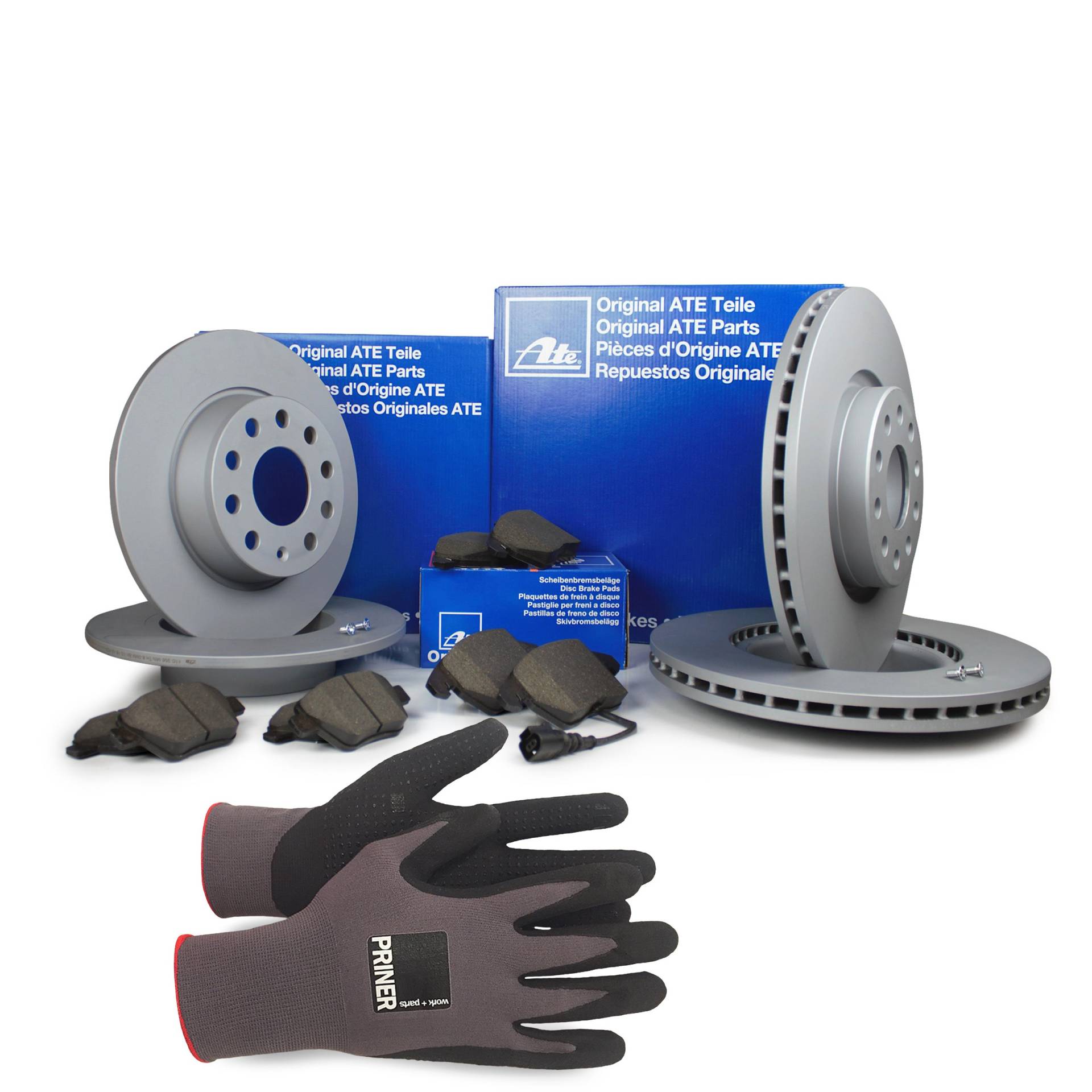 Inspektionspaket ATE Bremsen Set inkl. Bremsscheiben und Bremsbeläge für vorne und hinten enthalten, 100% passend für Ihr Fahrzeug, inkl. Priner Montagehandschuhe, AN111 Inspektionspaket ATE Bremsen Set inkl. Bremsscheiben und Bremsbeläge für vorne und hinten enthalten, 100% passend für Ihr Fahrzeug, inkl. Priner Montagehandschuhe, AN111 von PRINER work+parts