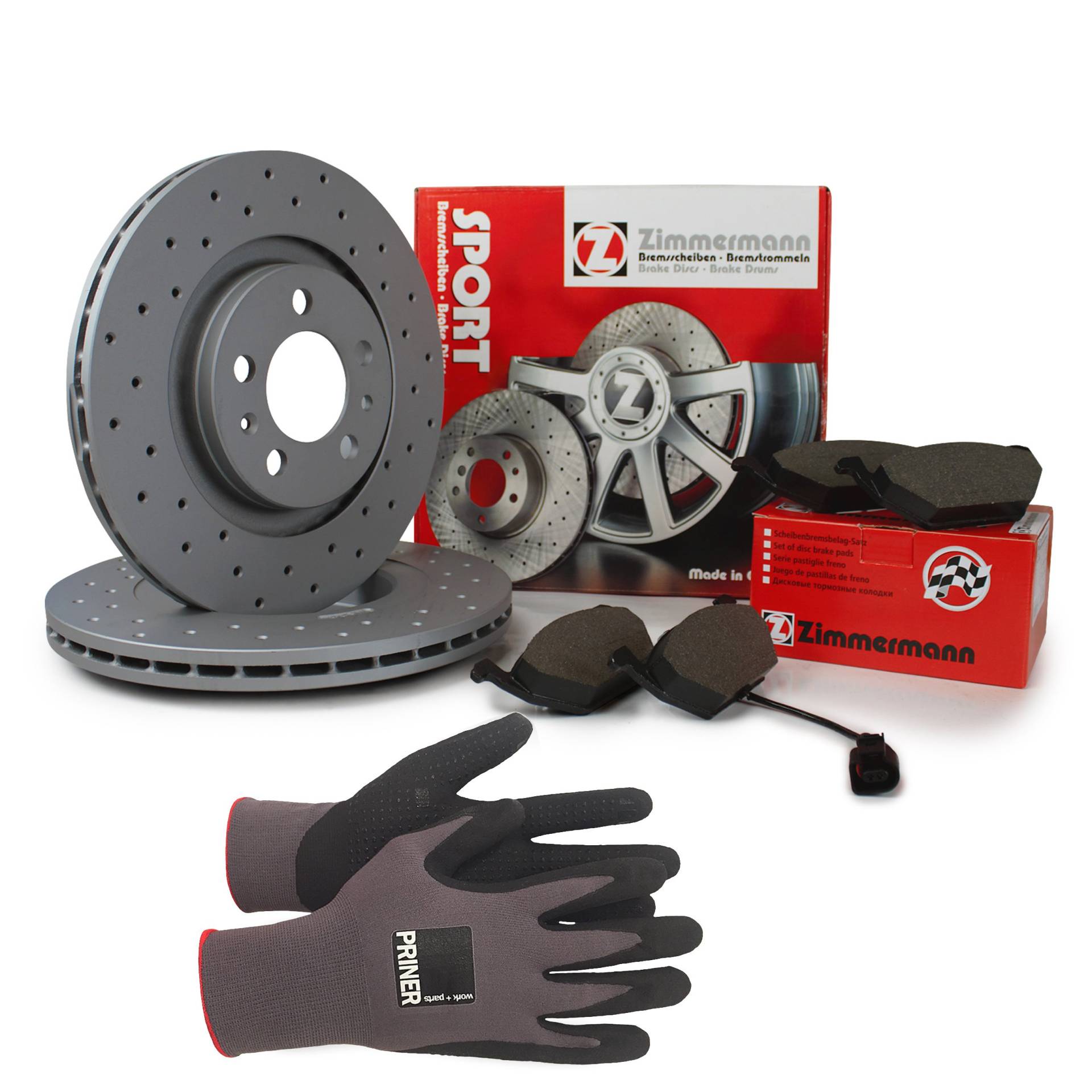 Inspektionspaket Zimmermann Sport Bremsen Set inkl. Bremsscheiben und Bremsbeläge für vorne Ø 314 mm enthalten, 100% passend für Ihr Fahrzeug, inkl. Priner Montagehandschuhe, AN207 von Generic